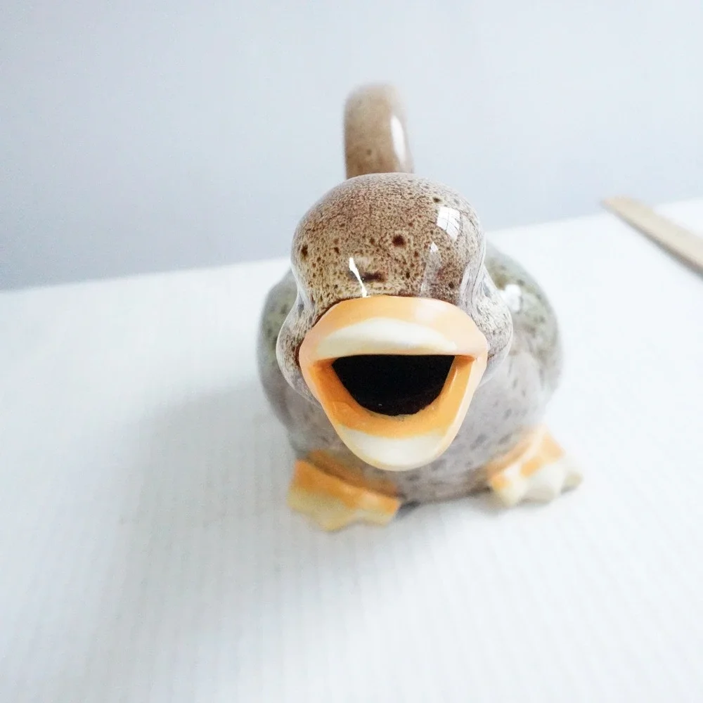 Ceramic Duck Pitcher Cream Brown Speckled Orange Beak Handle Farm Whimsical‎